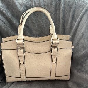 Bueno Cream Satchel with Textured Material and Silver Hardware
